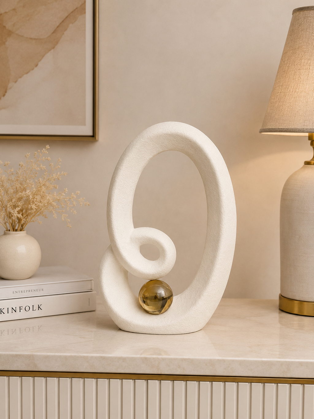 Modern Abstract Loop Sculpture with Gold Sphere – Elegant Contemporary Home Décor