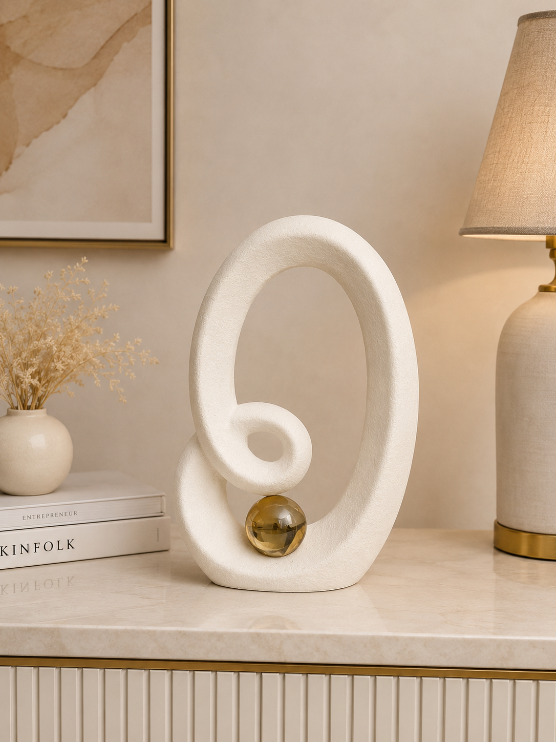 Modern Abstract Loop Sculpture with Gold Sphere – Elegant Contemporary Home Décor