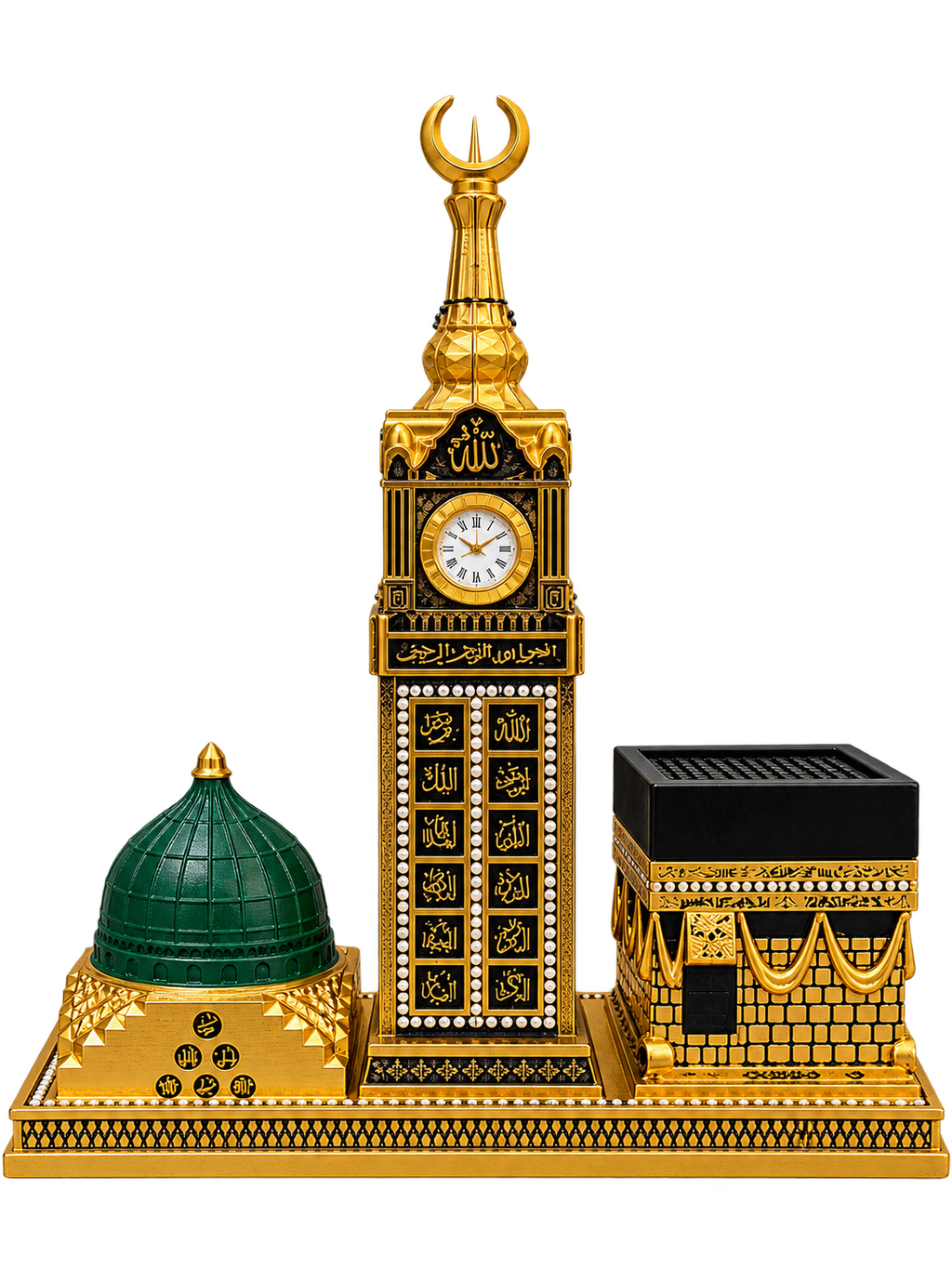 Luxury Islamic 3-Piece Kaaba, Madinah Dome & Islamic Clock Decor Set – Black & Gold