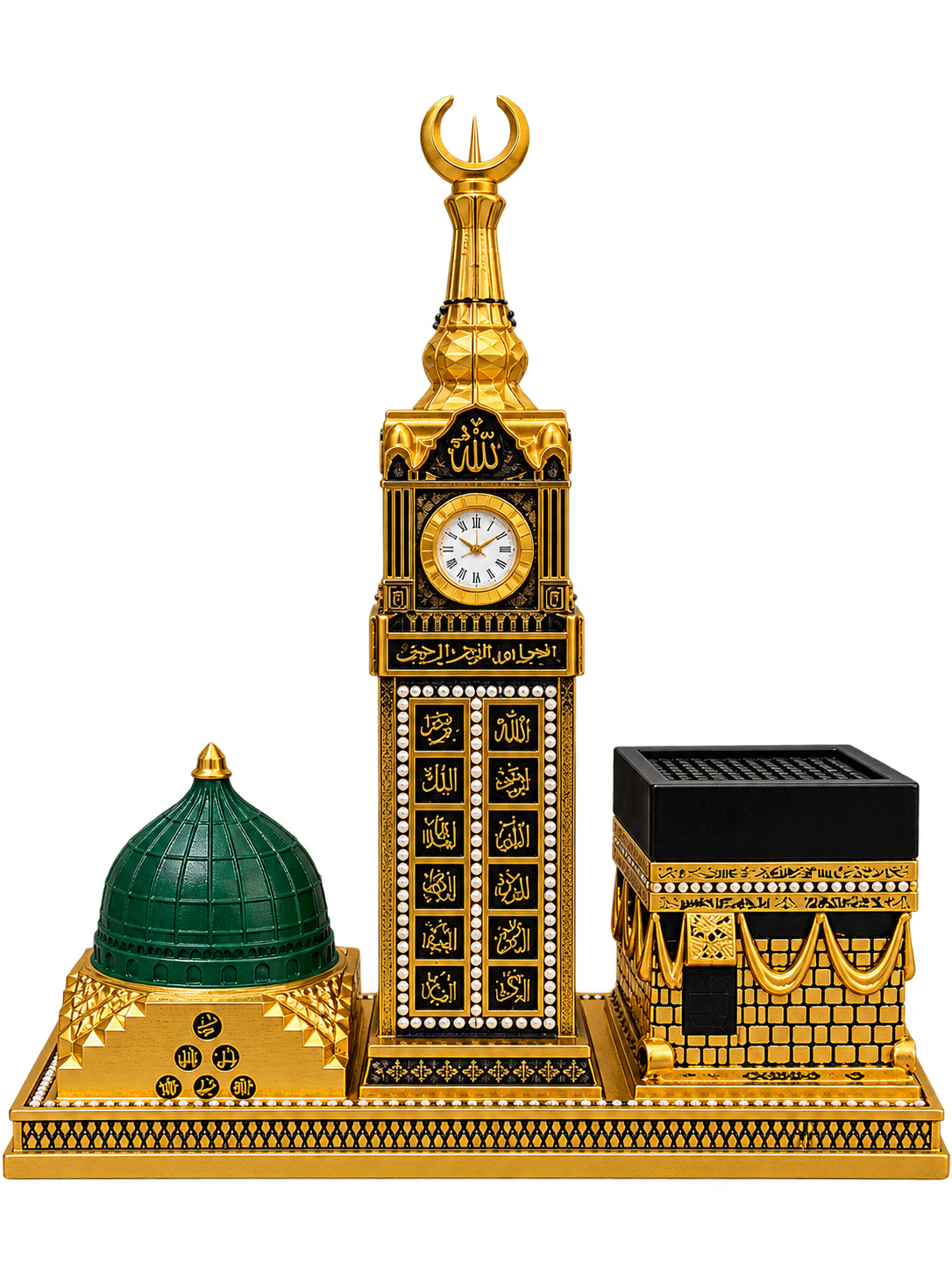 Luxury Islamic 3-Piece Kaaba, Madinah Dome & Islamic Clock Decor Set – Black & Gold