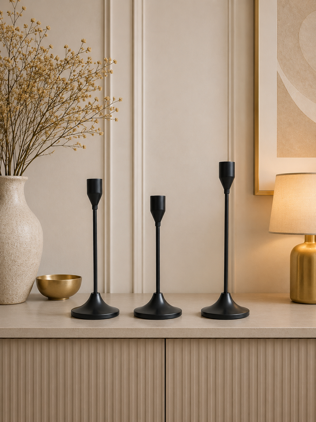 Modern Matte Black Metal Taper Candle Holder Set – Minimalist Decorative Candle Stand (Set of 3)