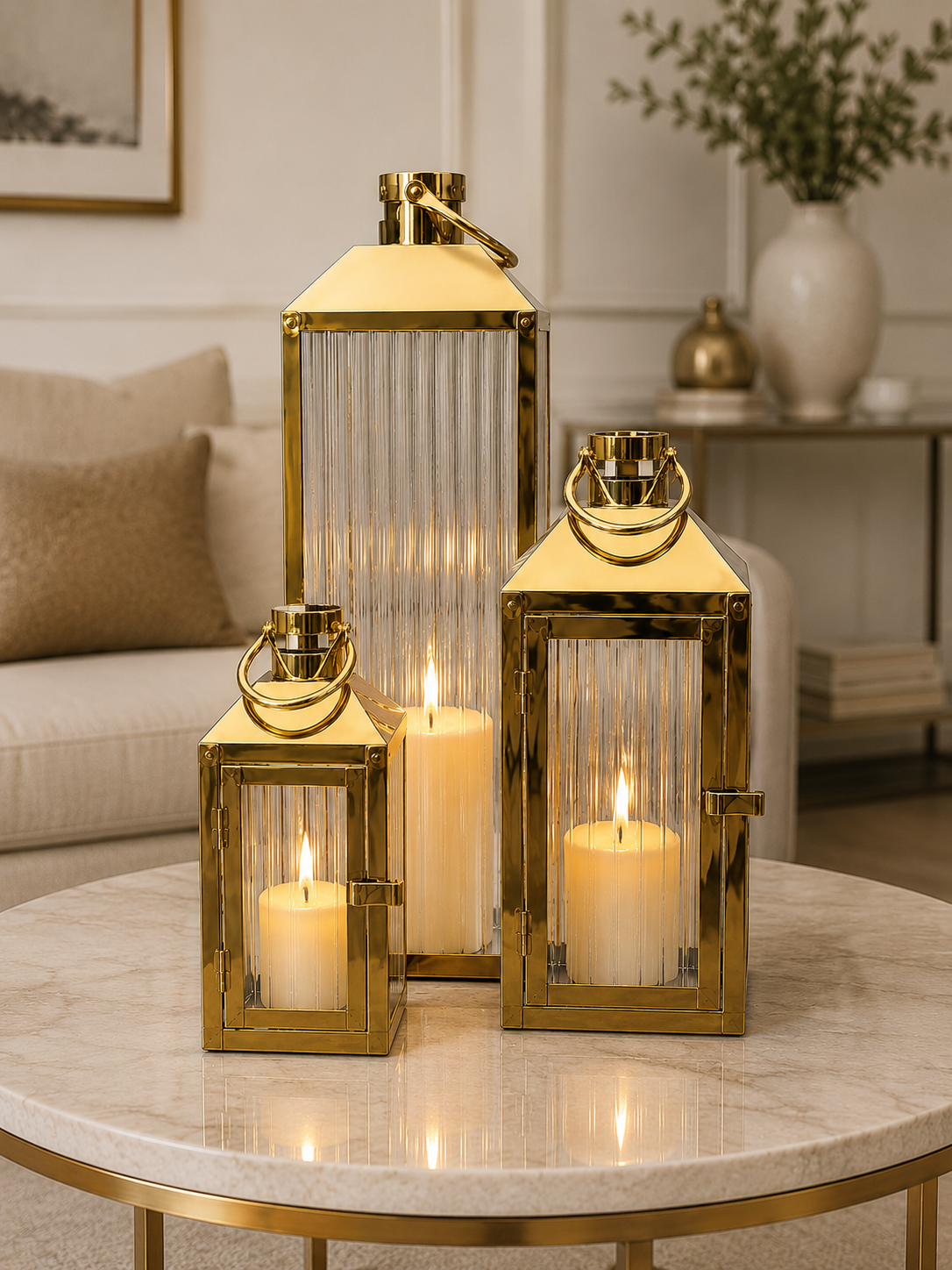 Luxury Gold Metal & Ribbed Glass Lantern Set – 3 Piece Decorative Candle Holders