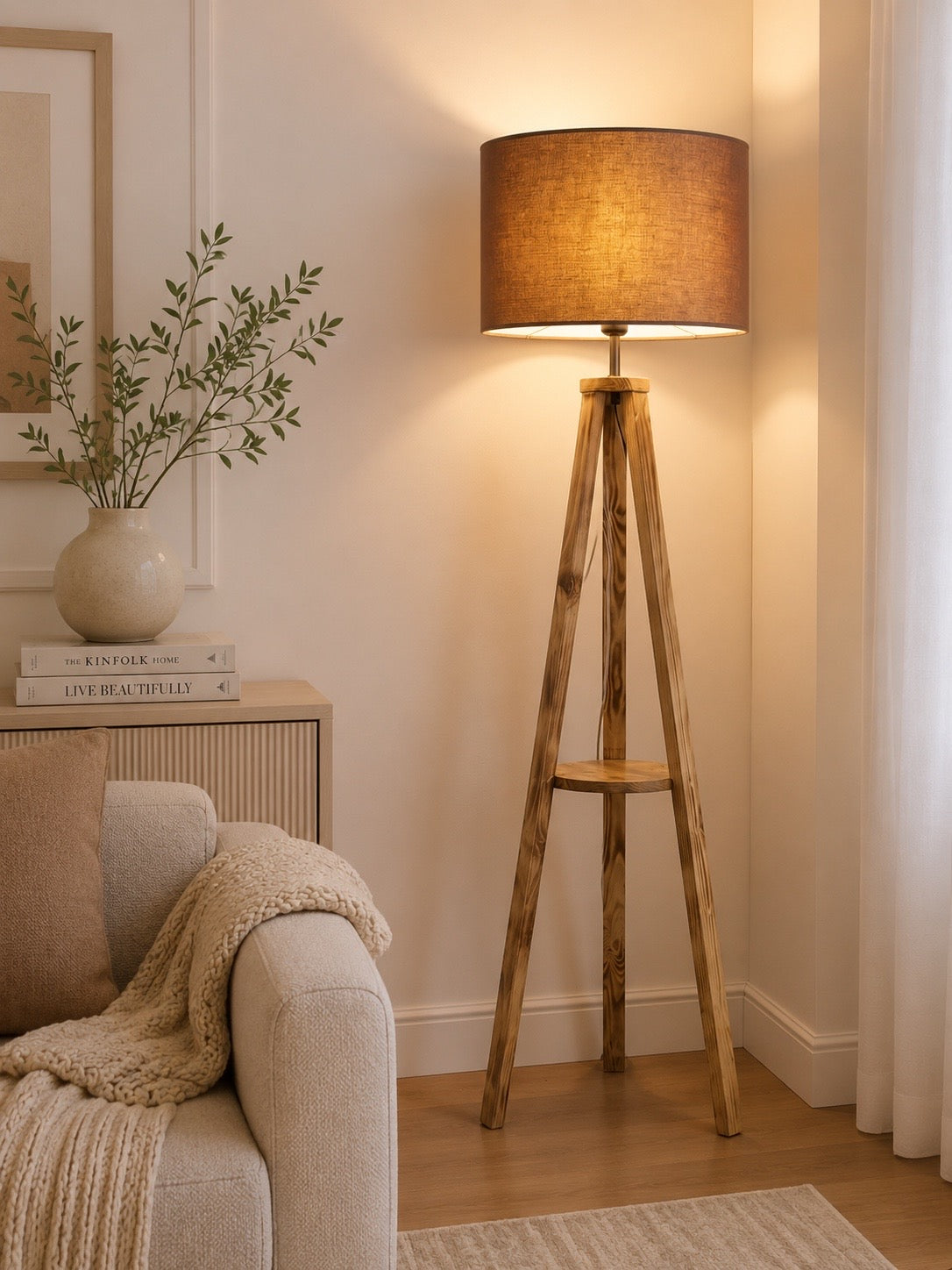 Modern Wooden Tripod Floor Lamp with Fabric Shade | Contemporary Standing Lamp for Living Room & Bedroom