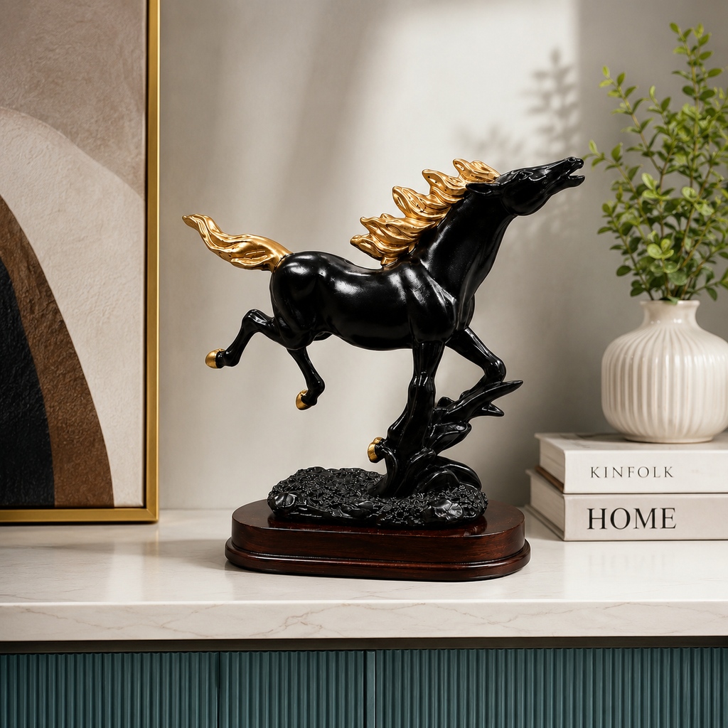 Fiber Horse "Galloping Majesty" Running Horse Sculpture – Premium Black & Gold Resin Dynamic Statue With Classic Wooden Textured Base