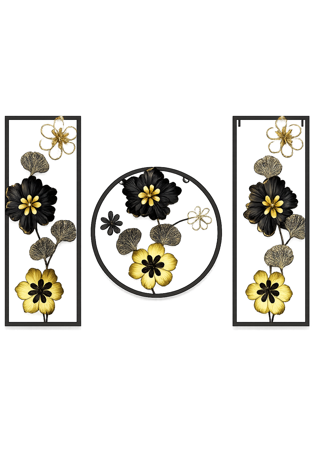 Luxury 3-Piece Black & Gold Metal Floral Wall Art Set | Modern Flower Wall Decor for Living Room, Bedroom & Hallway