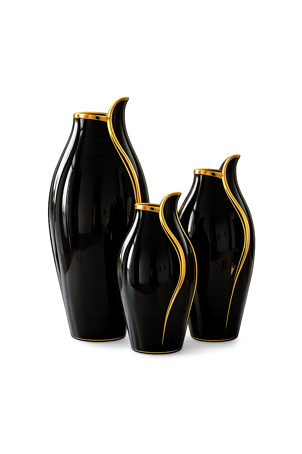 Luxury Black Ceramic Vase Set of 3 | Modern Decorative Flower Vases with Gold Accent | Home Décor