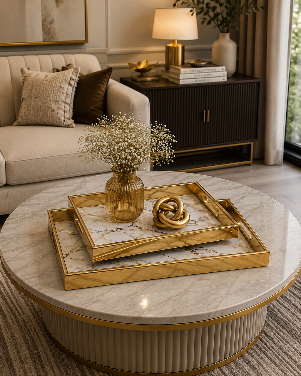 Luxury Gold Marble Serving Tray Set | Metal Decorative Coffee Table Trays | Nesting Vanity & Ottoman Organizer (Set of 2)