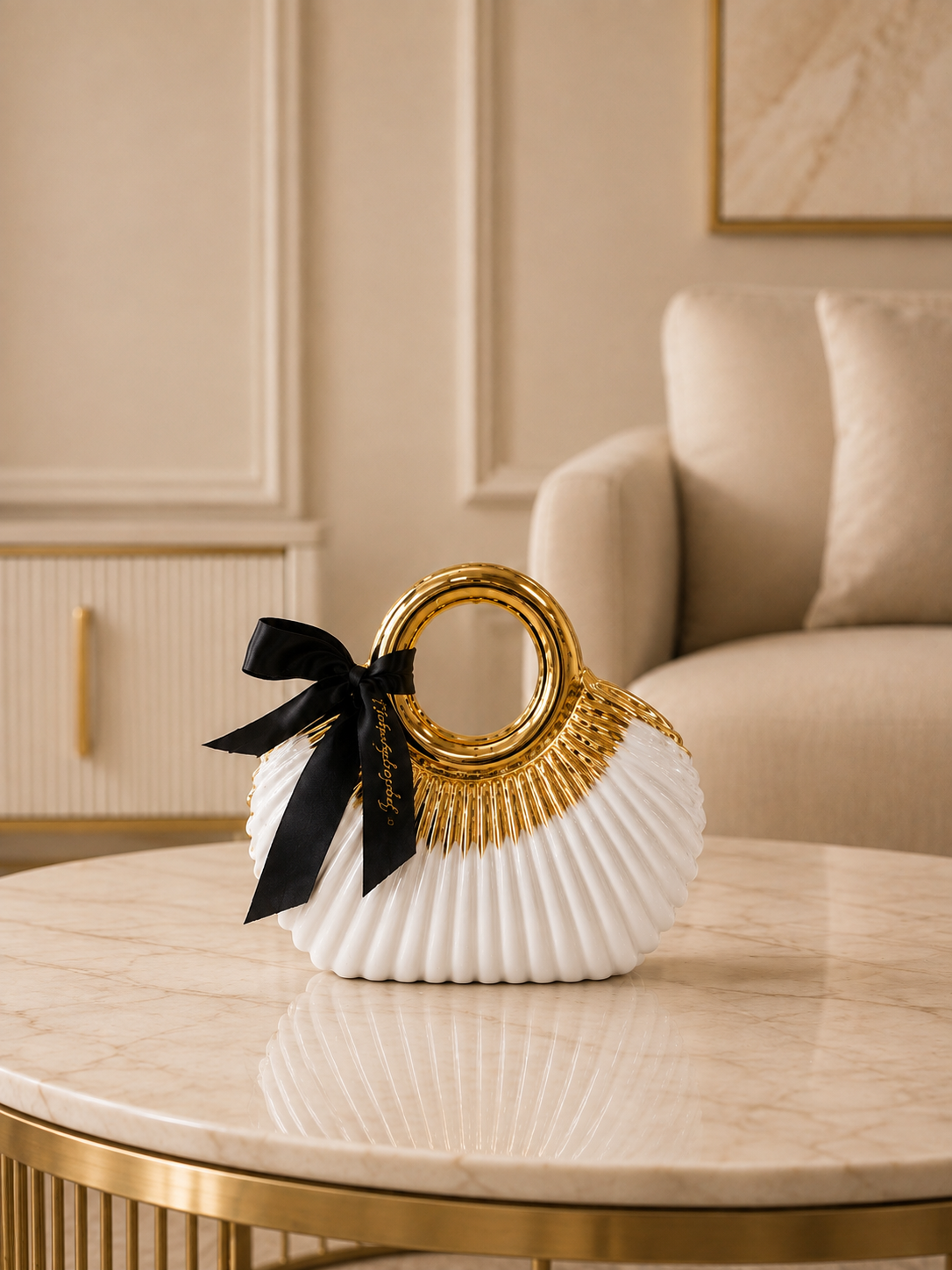 Luxury Ribbed Decorative Handbag Vase – Elegant Tabletop Accent with Ring Handle