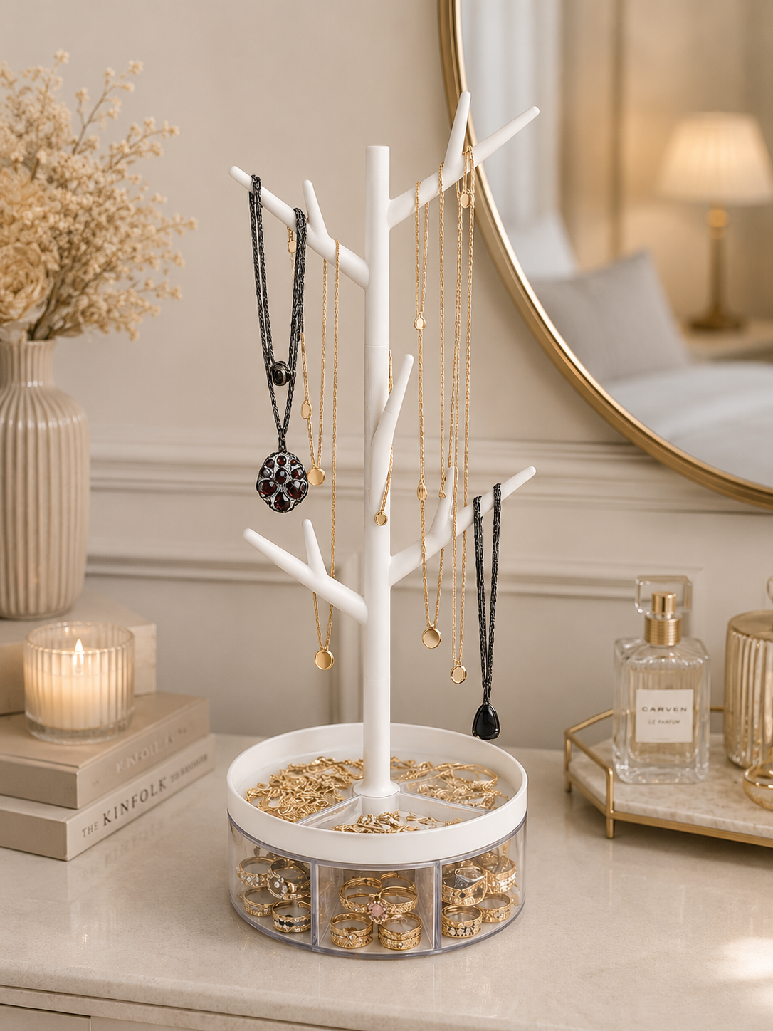 360° Rotating Tree Jewelry Organizer with Storage Tray | Necklace, Ring, Earring & Bracelet Holder Stand