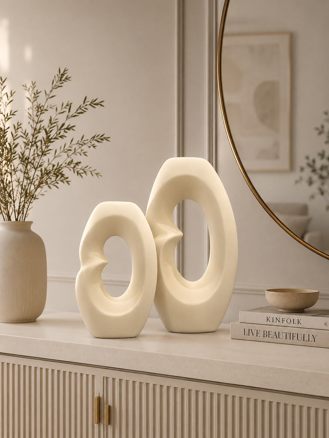 Modern Abstract Ceramic Donut Vase Set – 2 Piece Decorative Sculpture for Home & Office Décor