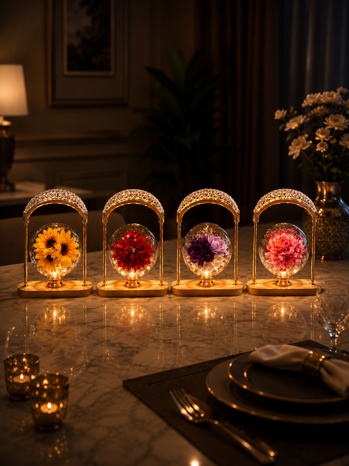 Enchanted Floral Acrylic Globe Arch Lamp – Luxury Gold Frame LED Night Light