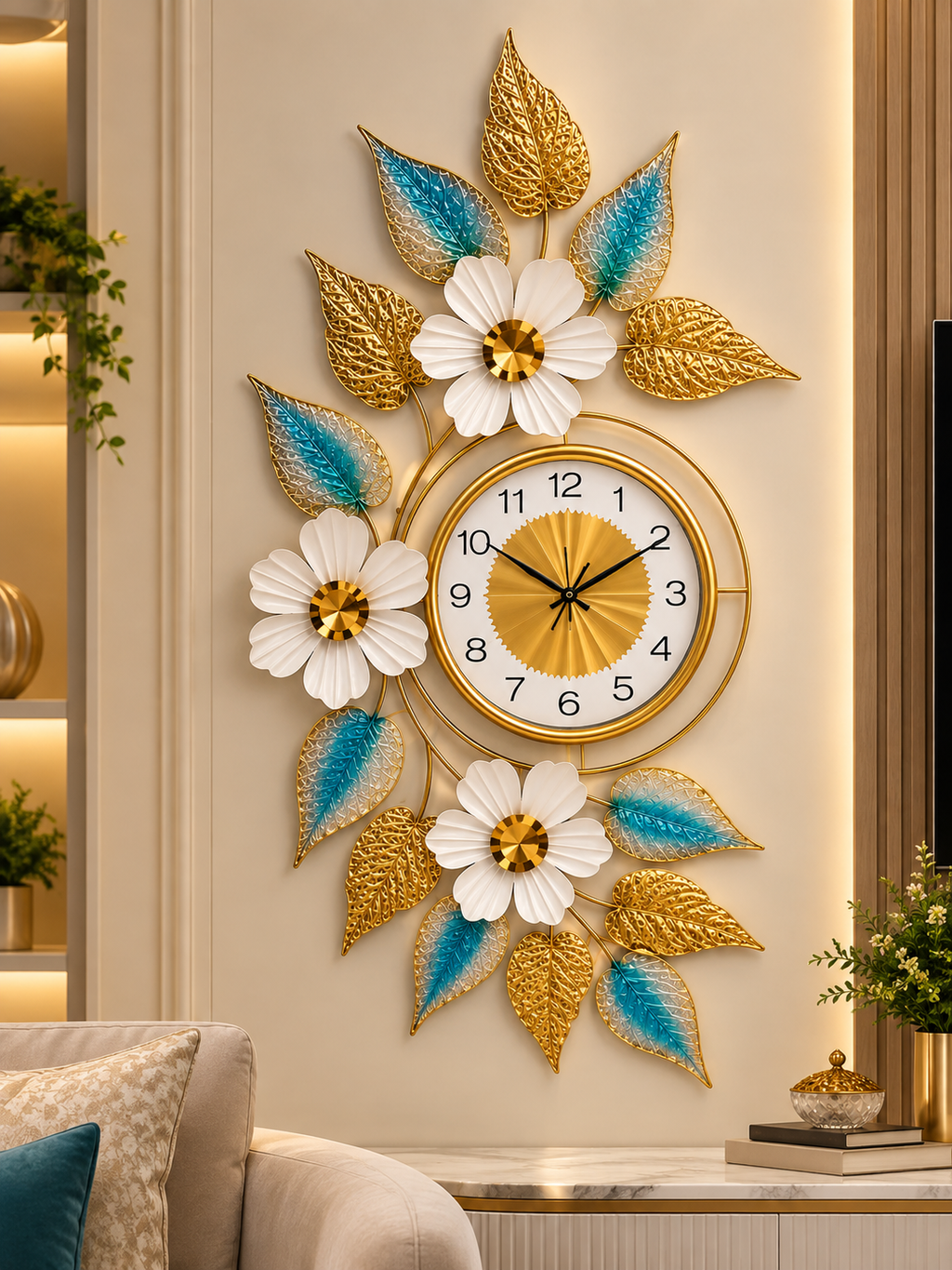 Luxury Gold & Turquoise Floral Wall Clock – Elegant Metal Leaf & Flower Décor