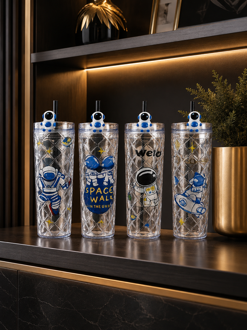Animated Astronaut Diamond Grid Cup – Insulated Reusable Smoothie Tumbler for Kids & Teens