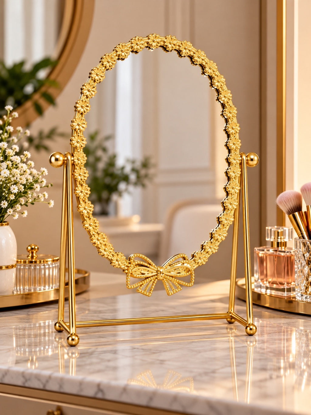 Luxury Gold Oval Vanity Mirror with Floral Frame and Decorative Bow – Elegant Tabletop Dressing Mirror