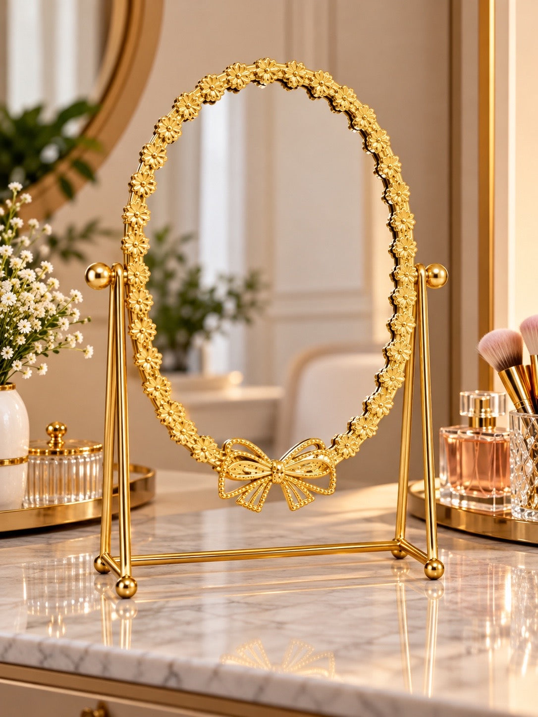 Luxury Gold Oval Vanity Mirror with Floral Frame and Decorative Bow – Elegant Tabletop Dressing Mirror