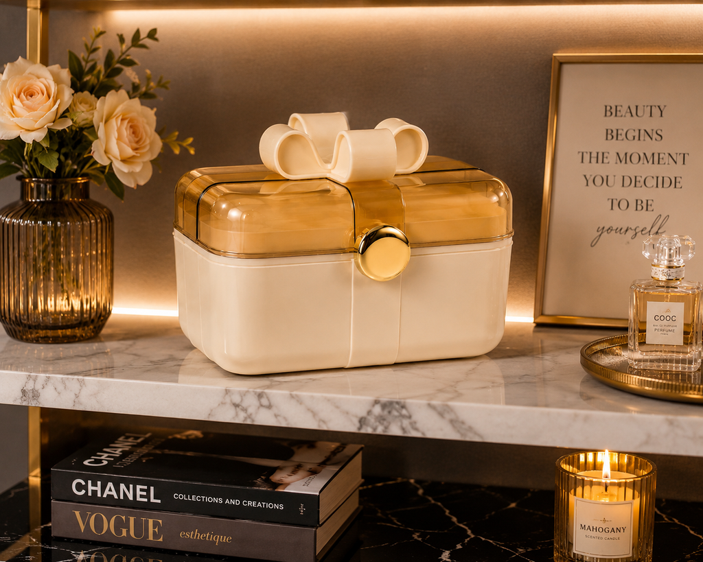 Elegant Makeup Organizer Box with Bow Handle