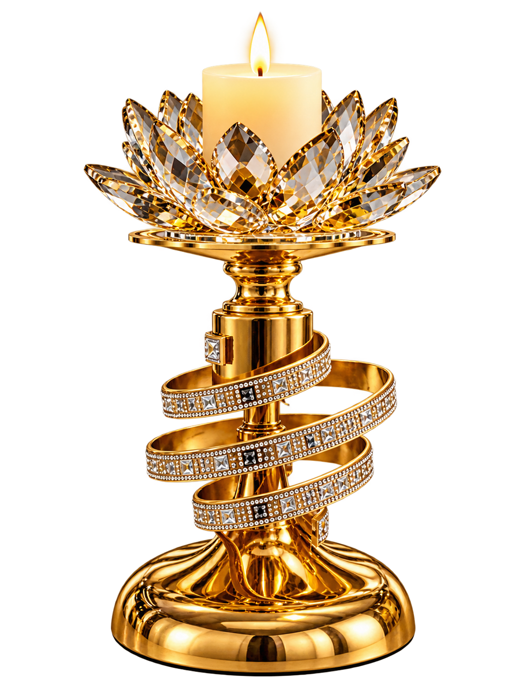 Luxury Gold Crystal Lotus Candle Holder – Spiral Rhinestone Candle Stand