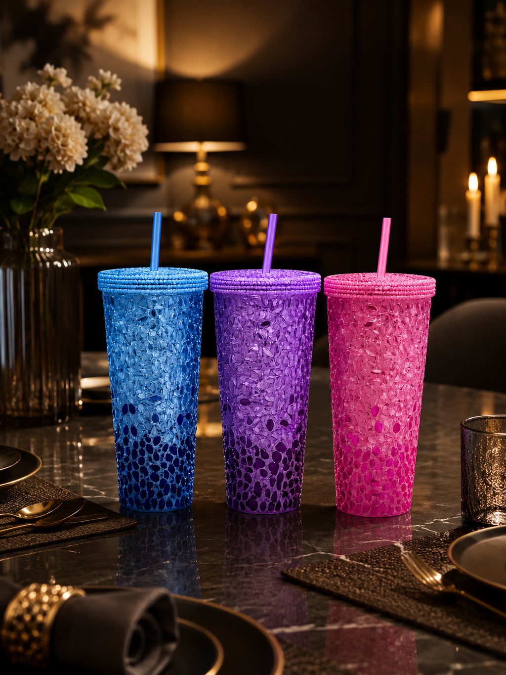Luxury Studded Rhinestone Sipper Bottle – Insulated Glitter Tumbler with Lid