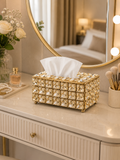 Luxury Crystal Tissue Box Holder | Gold Decorative Tissue Case | Premium Rhinestone Tissue Organizer for Home & Vanity