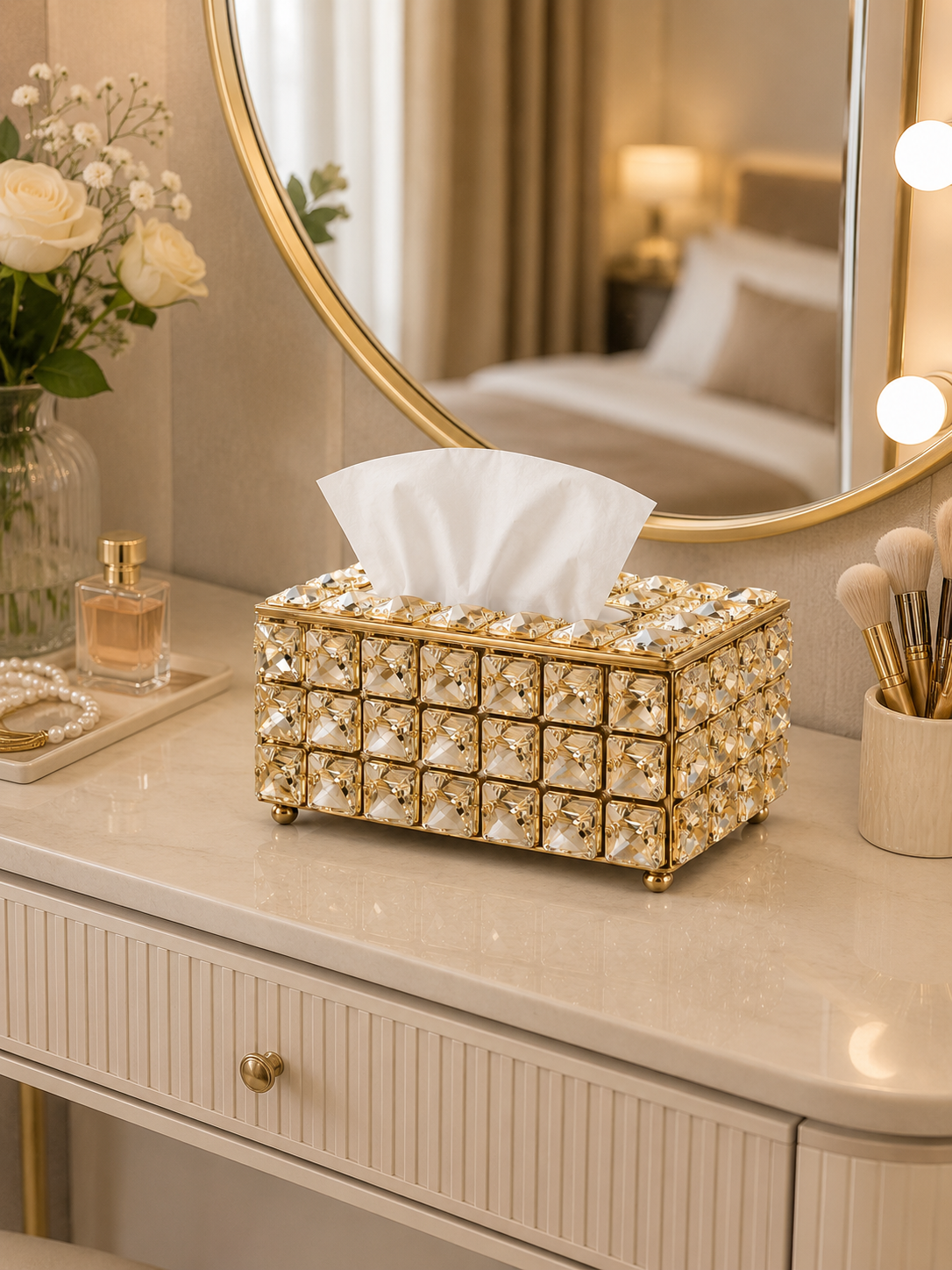 Luxury Crystal Tissue Box Holder | Gold Decorative Tissue Case | Premium Rhinestone Tissue Organizer for Home & Vanity