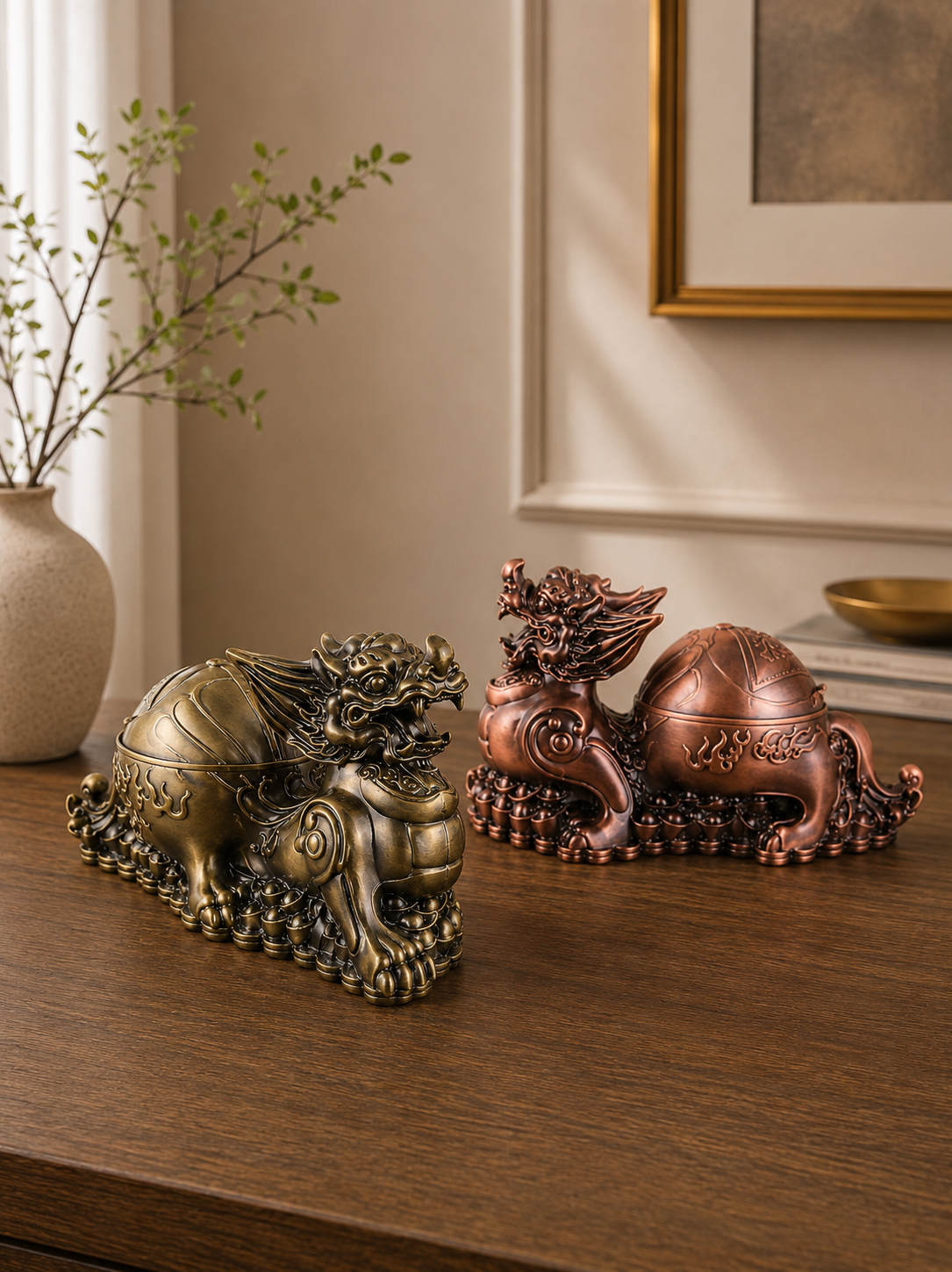 Luxury Chinese Guardian Lion (Pixiu/Foo Dog) Metal Ashtray with Lid | Windproof Decorative Cigarette Ashtray
