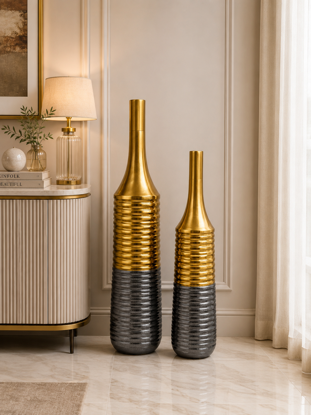 Luxury Gold & Black Ribbed Floor Vase Set (2 Pieces) | Modern Decorative Metal Floor Vases