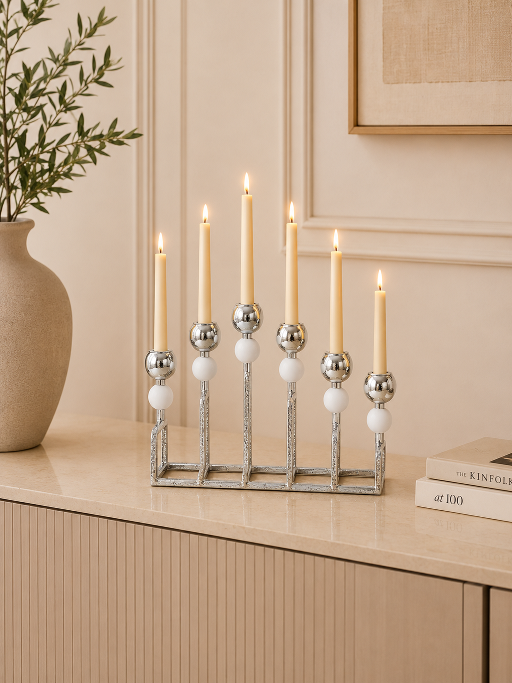 Modern 6-Light Silver Metal Candle Holder – Elegant Dining Table Centerpiece