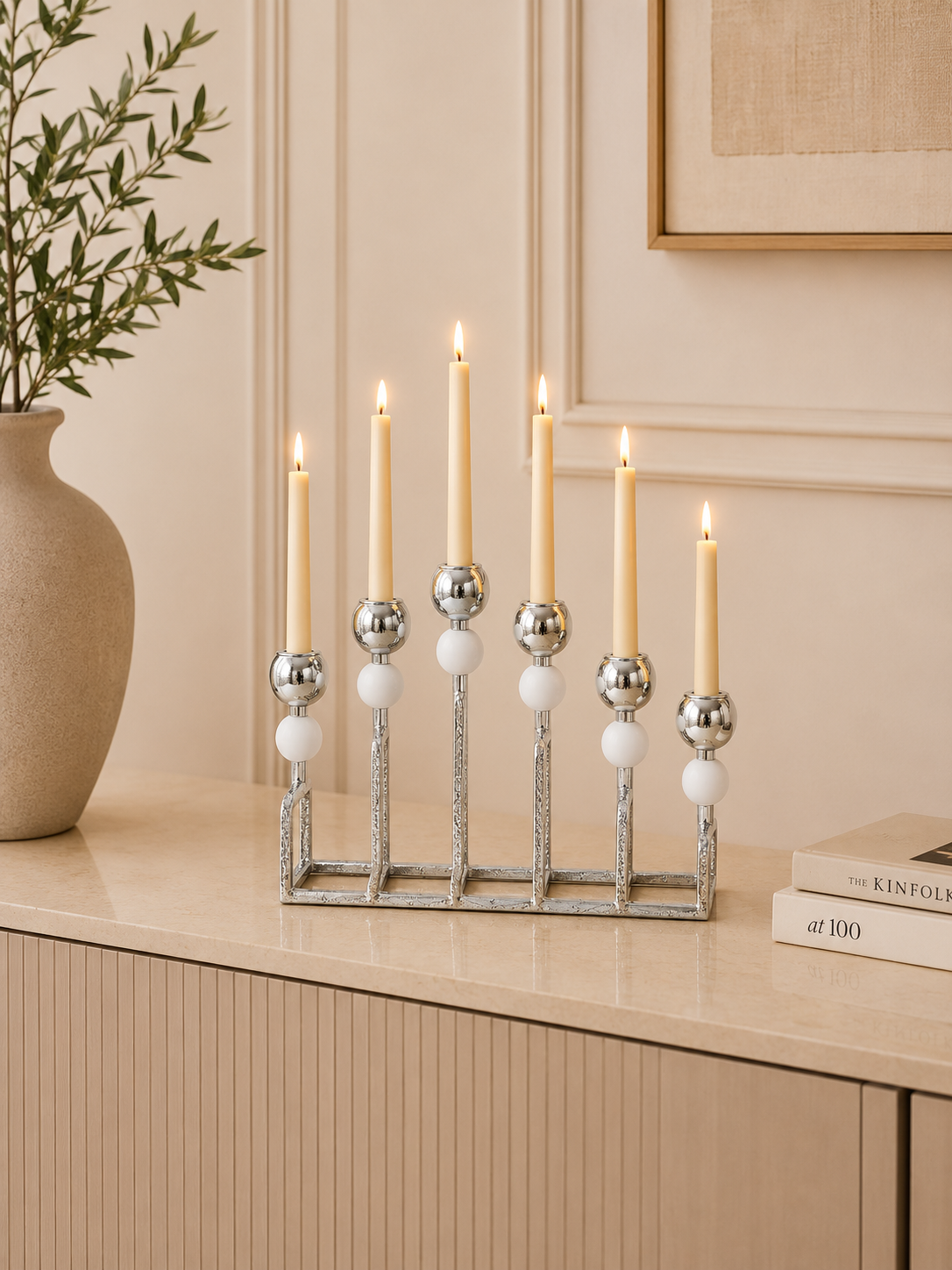 Modern 6-Light Silver Metal Candle Holder – Elegant Dining Table Centerpiece