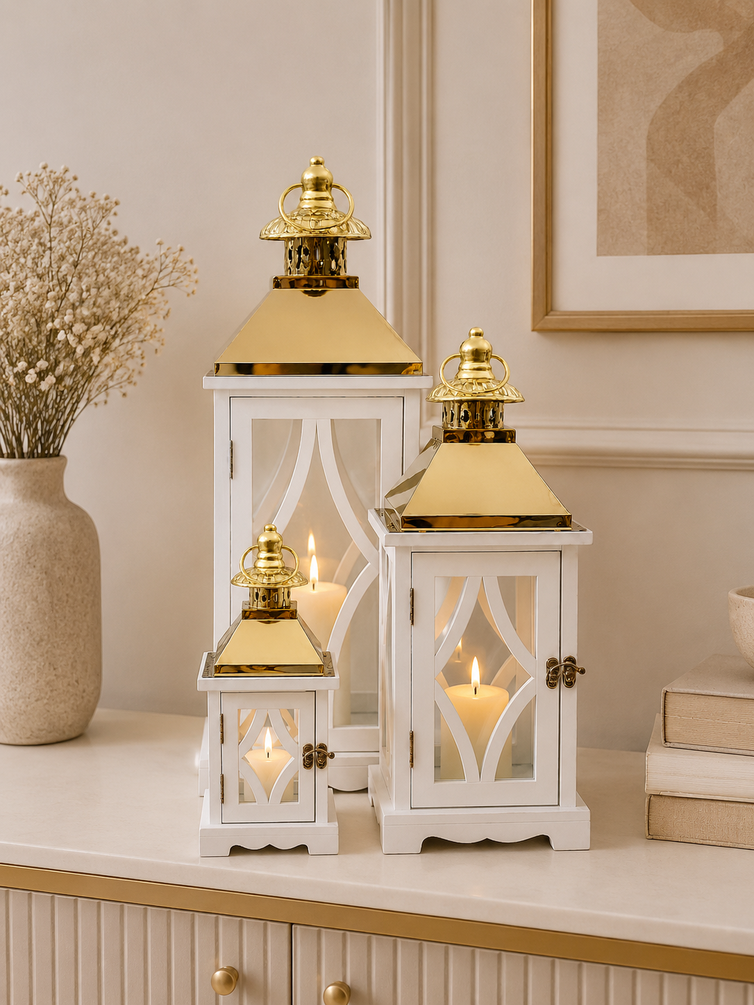Luxury 3-Piece Decorative Lantern Set | White & Gold Candle Lanterns | Modern Home Décor