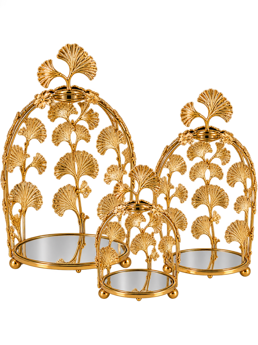 Luxury Gold Ginkgo Leaf Mirrored Decorative Tray Set of 3