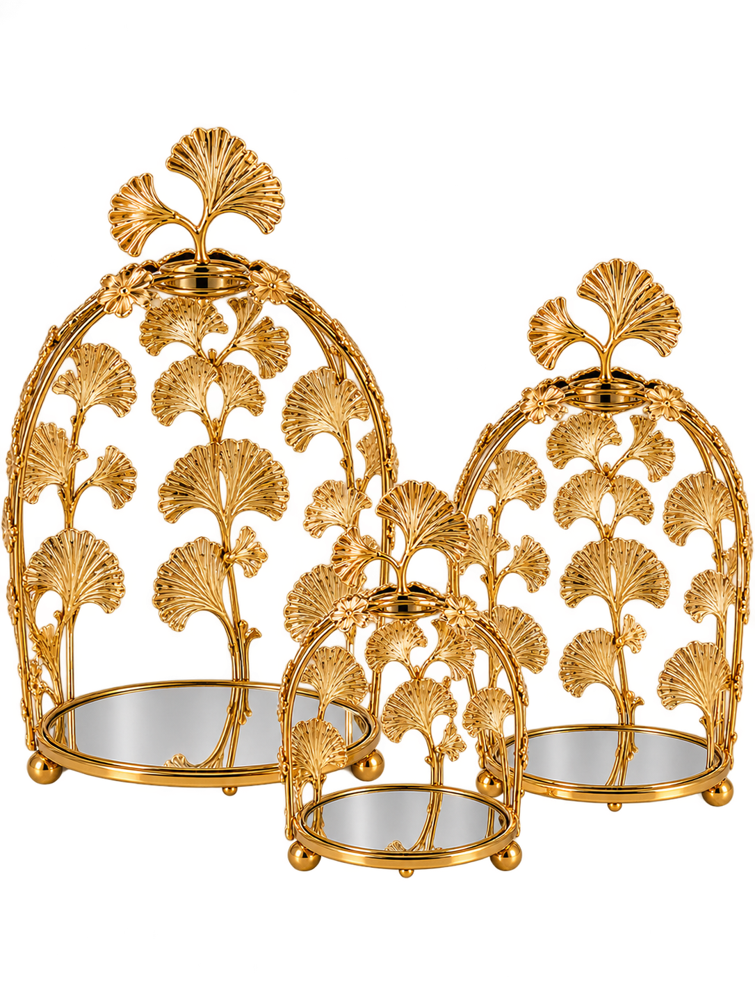 Luxury Gold Ginkgo Leaf Mirrored Decorative Tray Set of 3