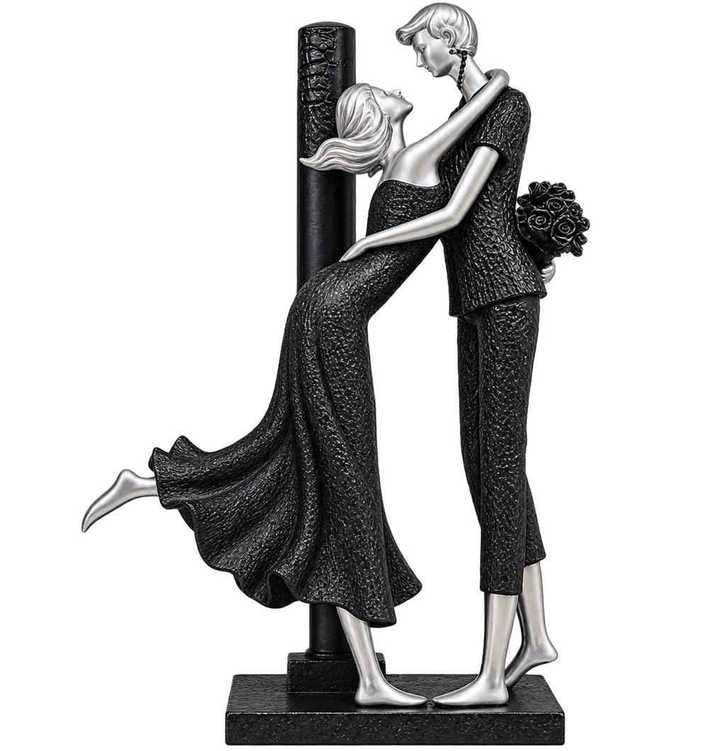 Elegant Romantic Couple Embrace Decorative Sculpture – Modern Black & Silver Resin Figurine