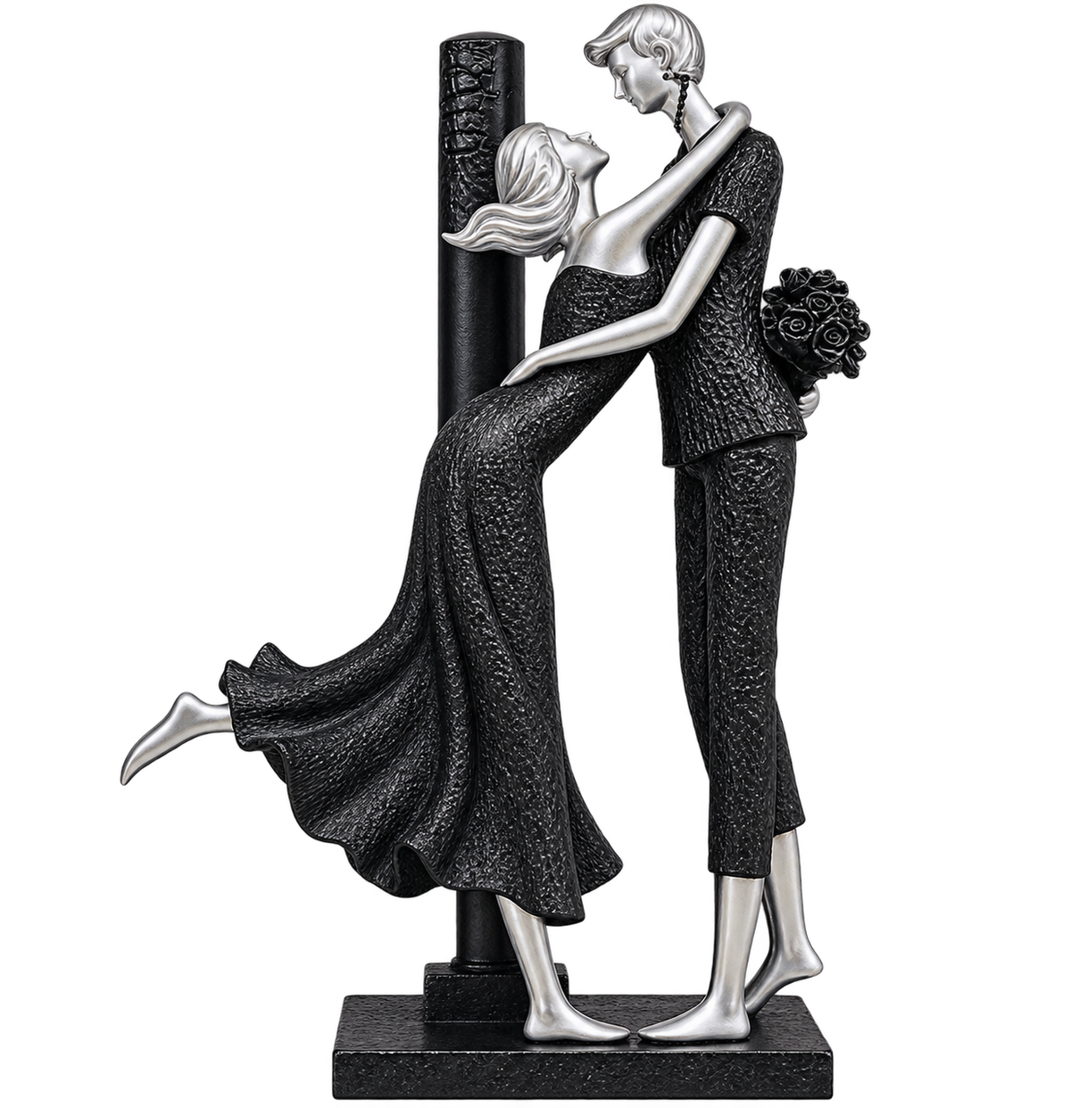 Elegant Romantic Couple Embrace Decorative Sculpture – Modern Black & Silver Resin Figurine