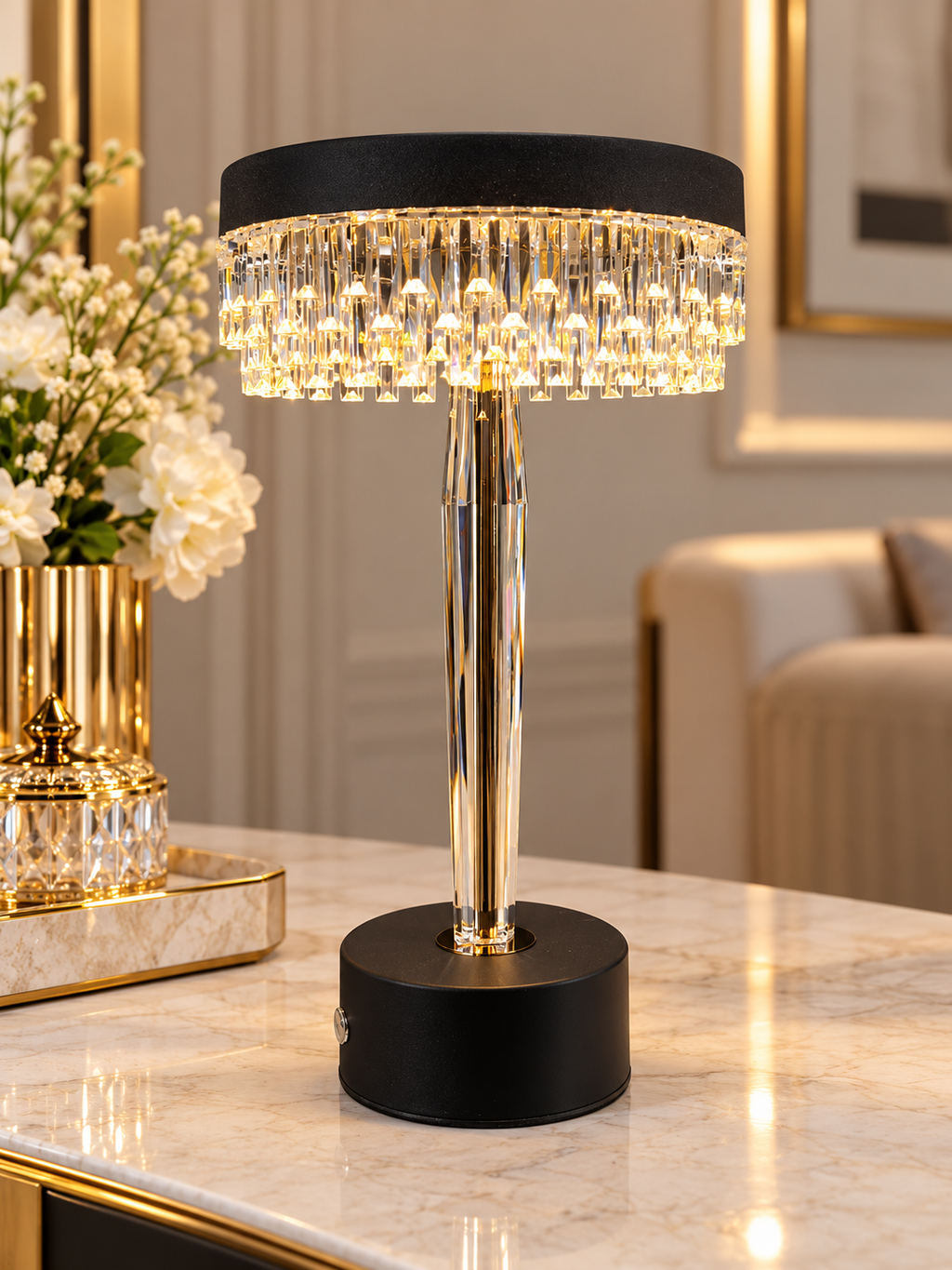 Luxury Crystal LED Table Lamp – Black & Gold Modern Bedside Lamp