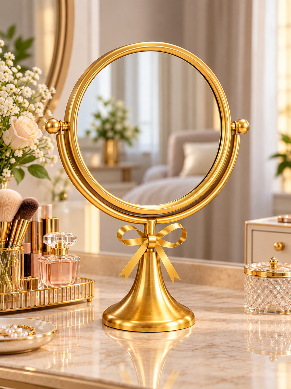 Luxury Gold Round Tabletop Vanity Mirror with Elegant Bow Accent – Decorative Dressing Mirror