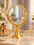 Luxury Gold Round Tabletop Vanity Mirror with Elegant Bow Accent – Decorative Dressing Mirror