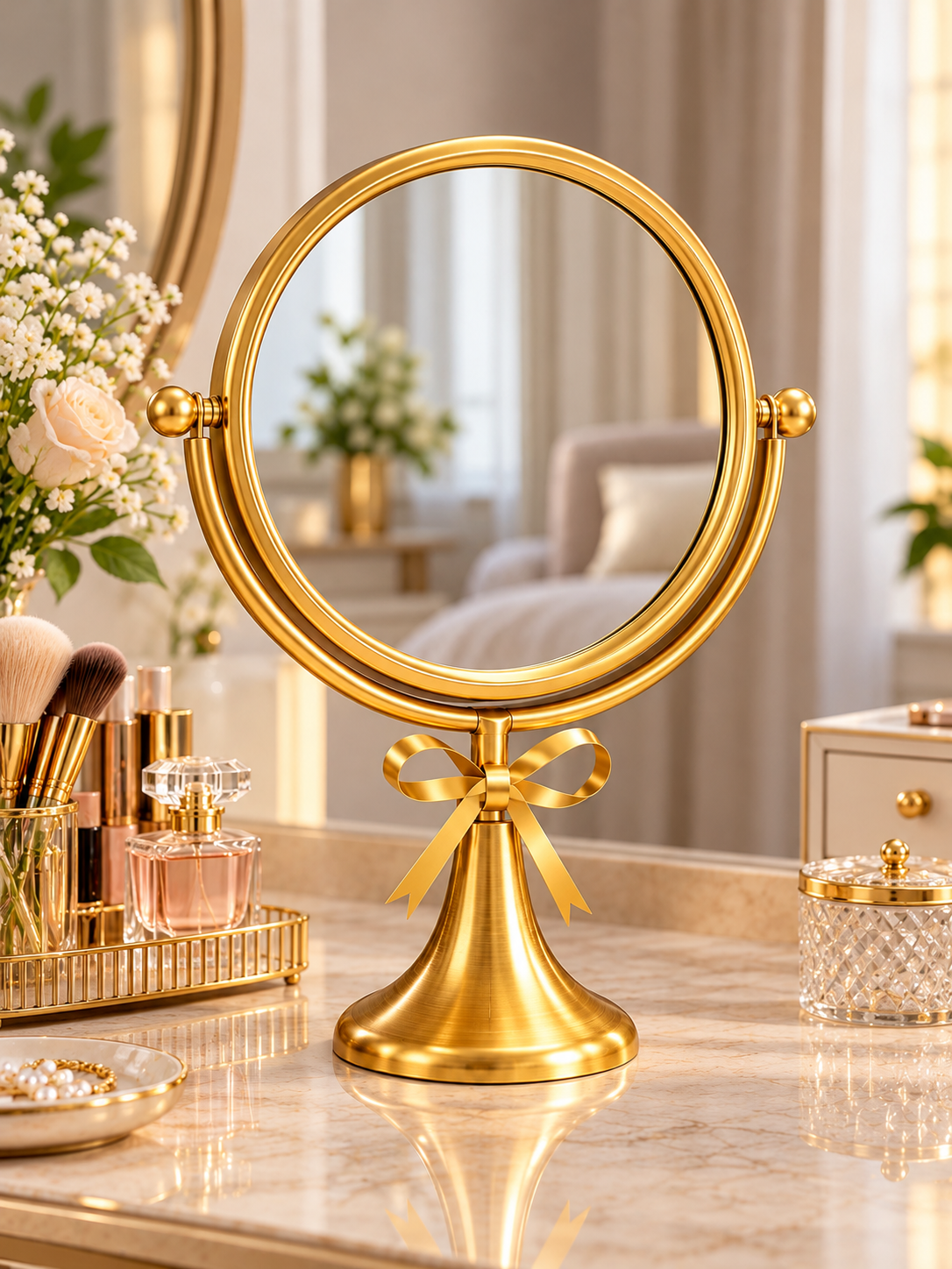 Luxury Gold Round Tabletop Vanity Mirror with Elegant Bow Accent – Decorative Dressing Mirror