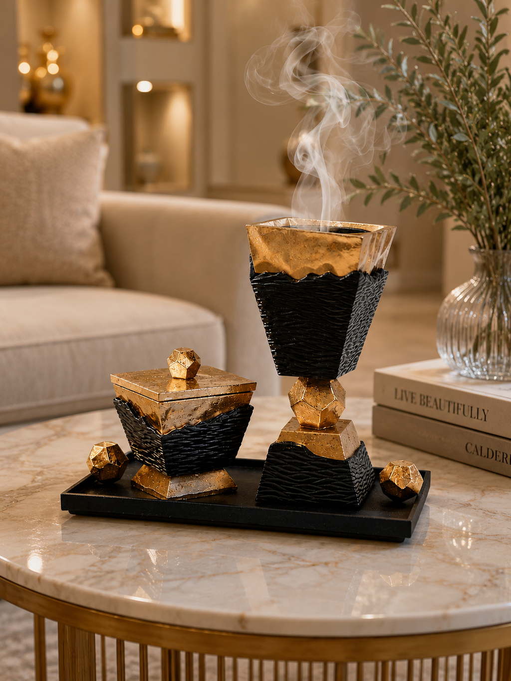 Luxury Black & Gold Bukhoor Burner Set with Decorative Tray