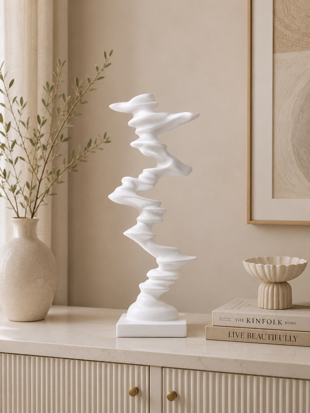 Modern Abstract White Resin Sculpture – Contemporary Decorative Art Statue
