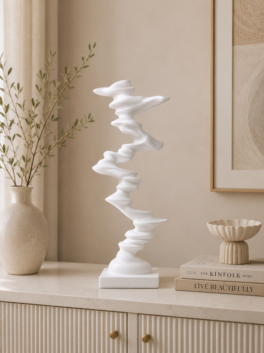Modern Abstract White Resin Sculpture – Contemporary Decorative Art Statue
