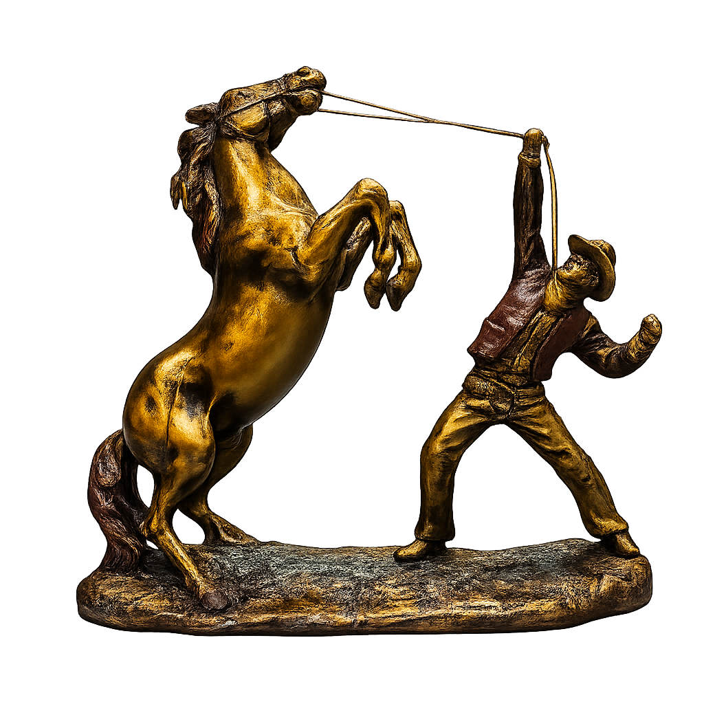 Golden Cowboy & Rearing Horse Resin Sculpture – Western Style Decorative Showpiece for Home & Office