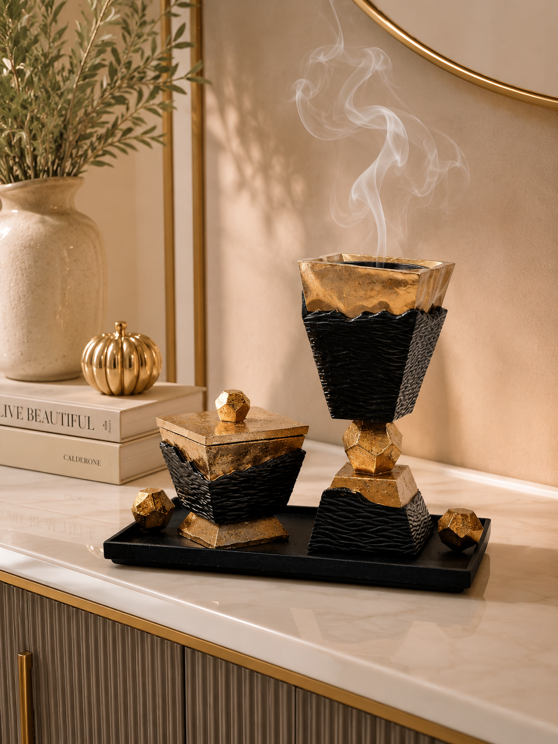 Luxury Black & Gold Bukhoor Burner Set with Decorative Tray