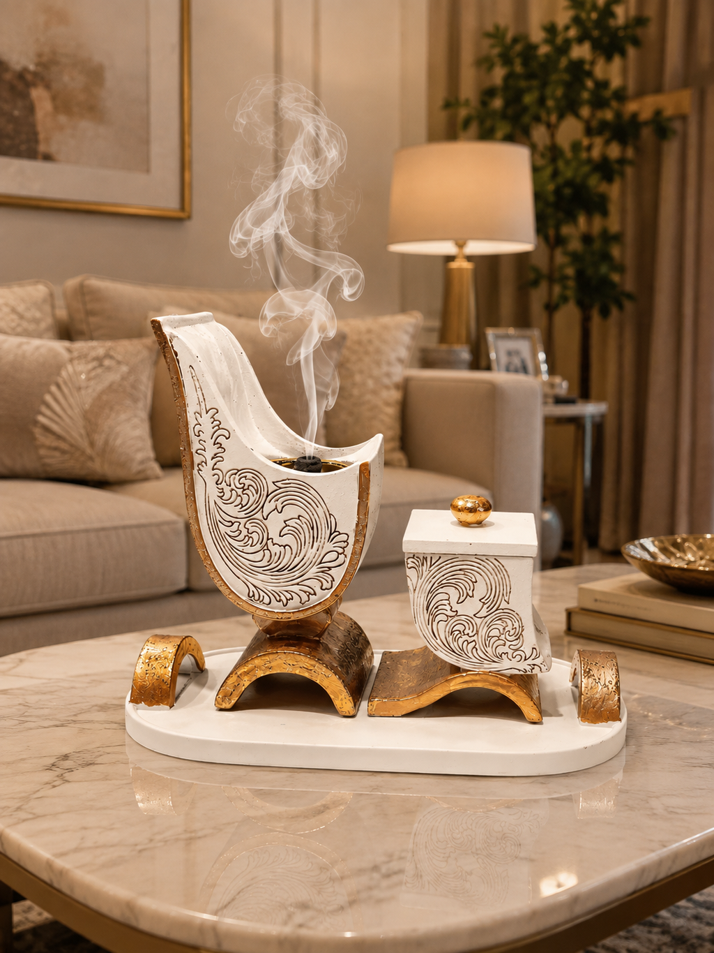 Luxury White & Gold Decorative Bukhoor Burner Set with Tray