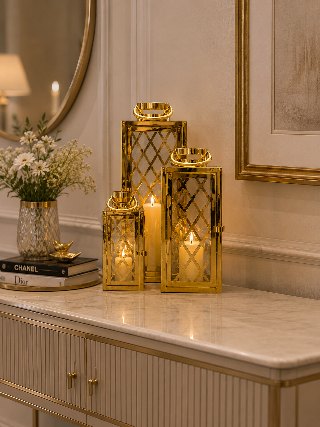 Luxury Gold Metal & Glass Lantern Set | Decorative Candle Holders | Modern Home Décor (Set of 3)