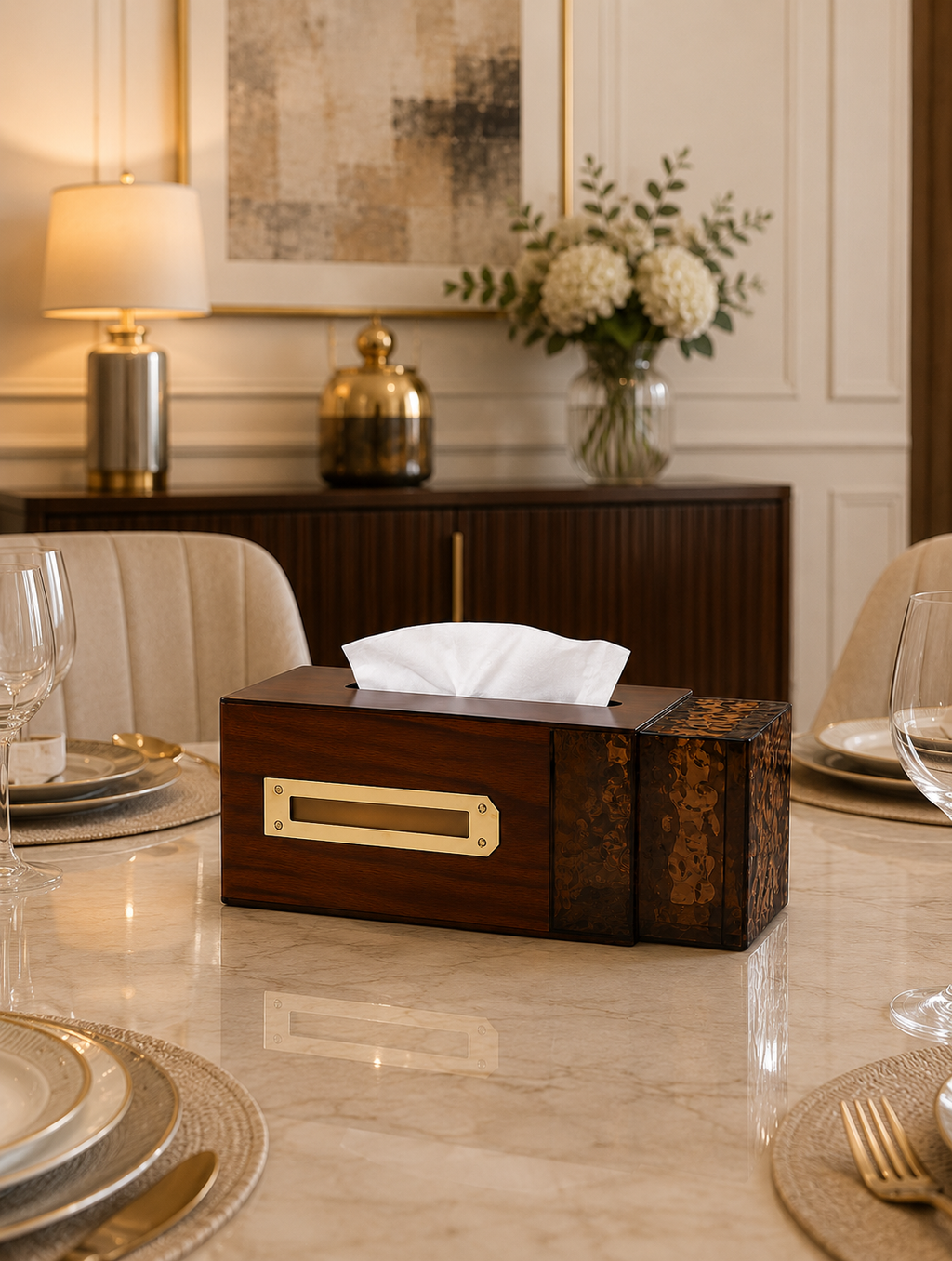 Luxury Wooden Tissue Box Holder with Hammered Resin Organizer | Premium Decorative Tissue Box Cover for Living Room & Office