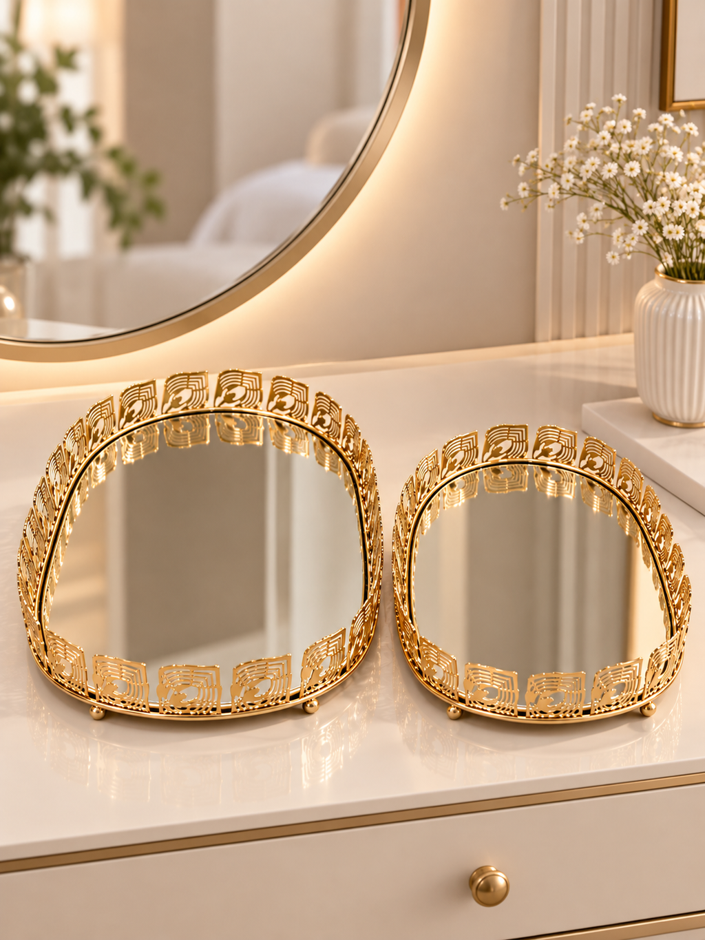 Luxury Gold Geometric Mirrored Decorative Tray Set of 2