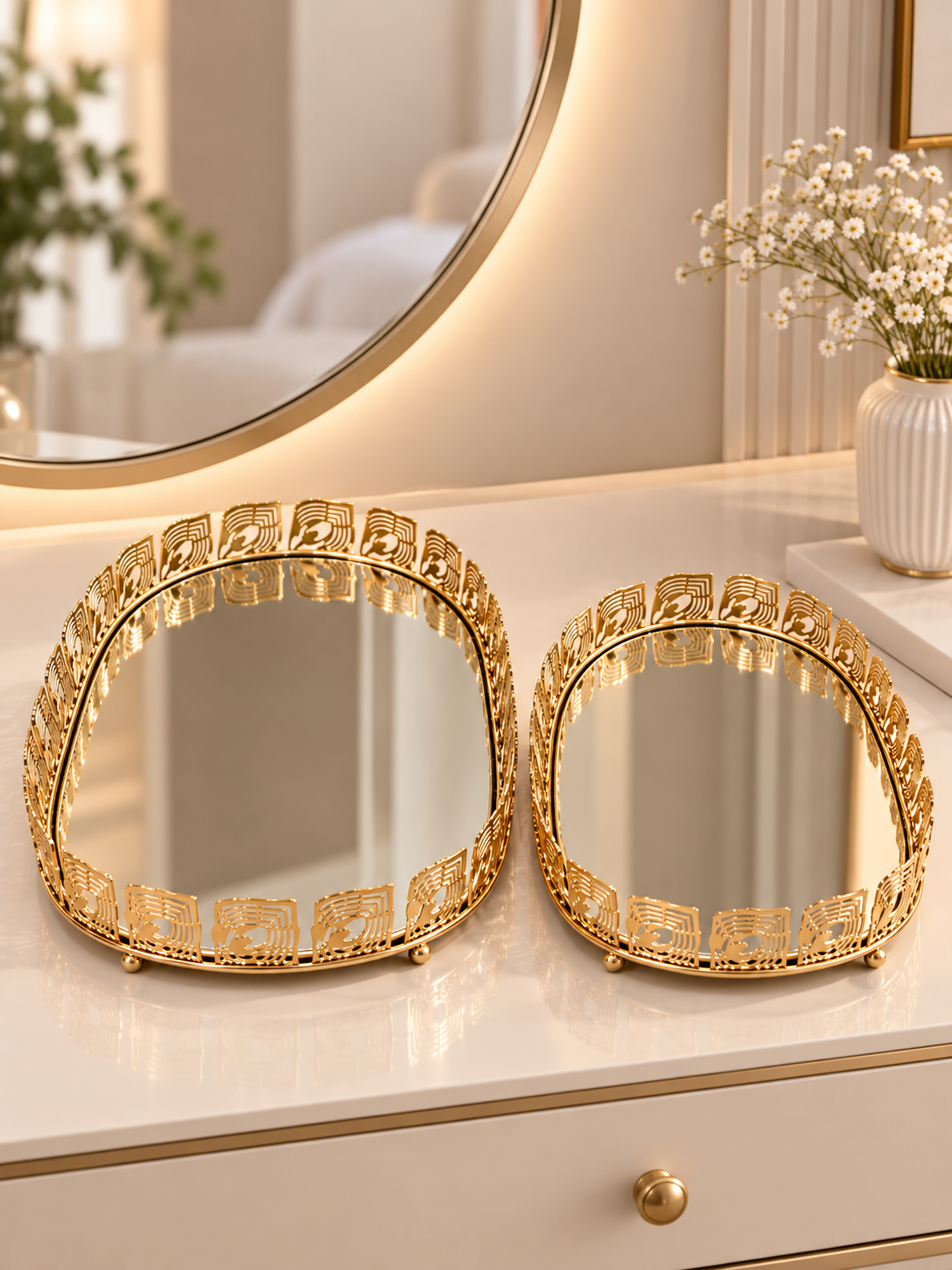 Luxury Gold Geometric Mirrored Decorative Tray Set of 2