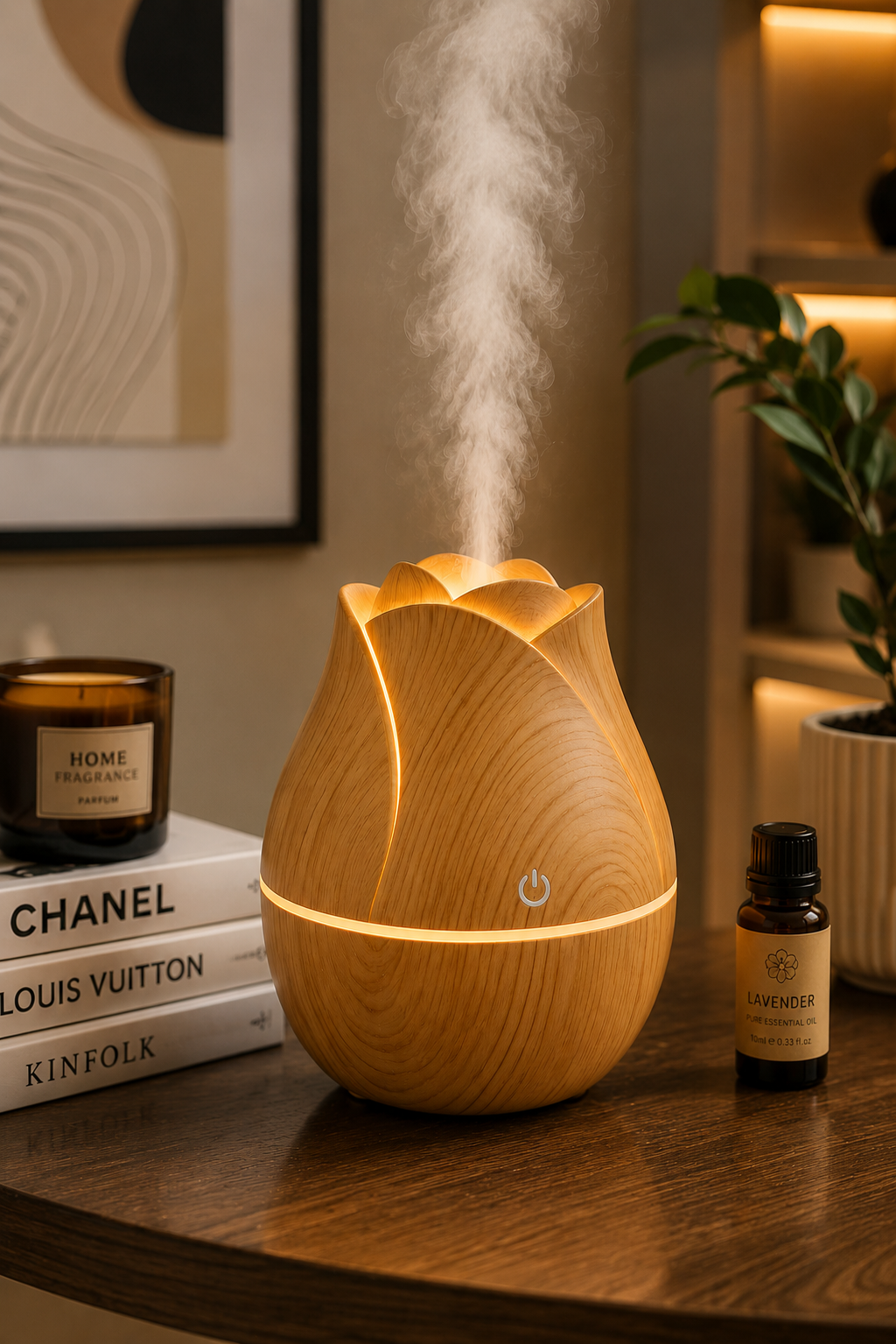 Tulip Flower Aroma Diffuser Humidifier with LED Night Light | USB Ultrasonic Essential Oil Diffuser | Wood Grain Air Humidifier