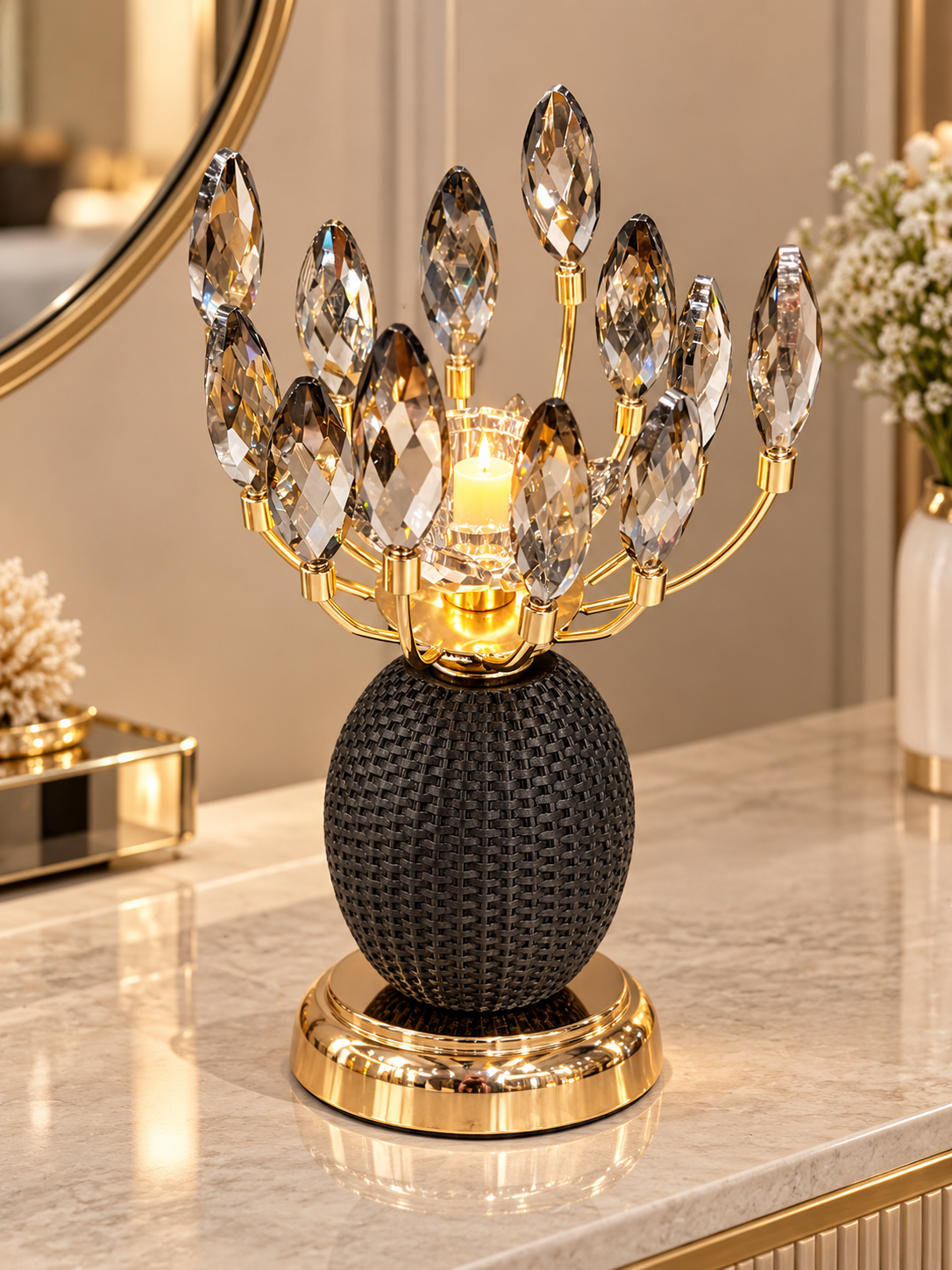 Luxury Gold Crystal Candle Holder with Black Textured Decorative Base