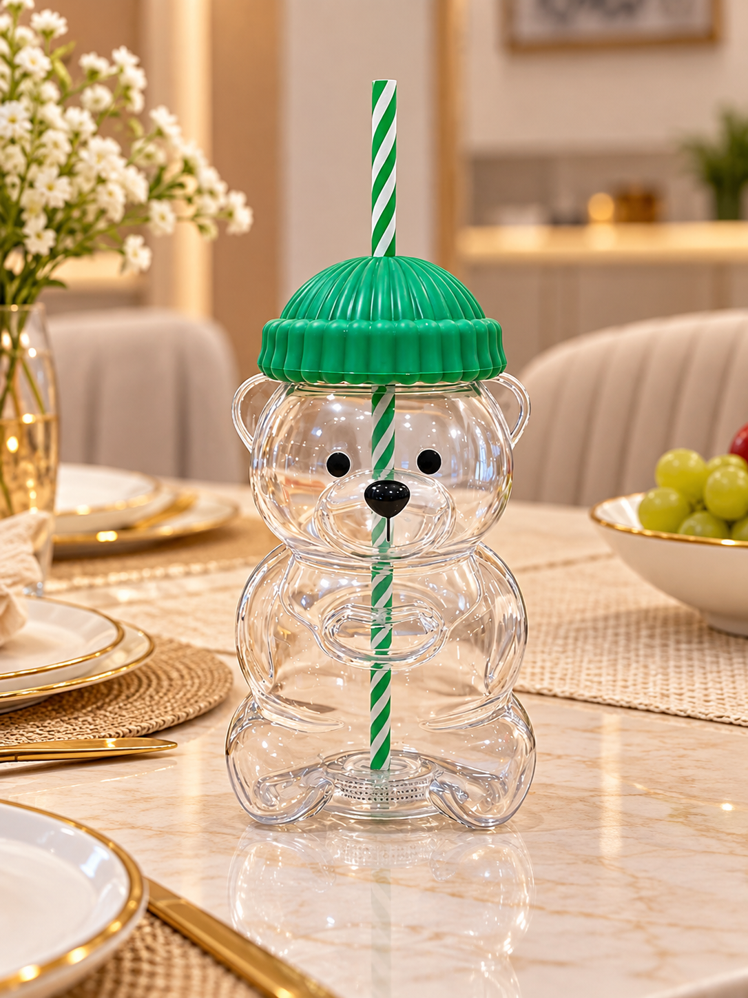 Cute Bear-Shaped Green Tumbler Cup with Straw & Lid